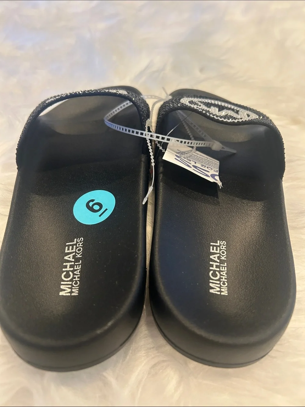 Michael Kors Black Rhinestone MK Slide Sandals